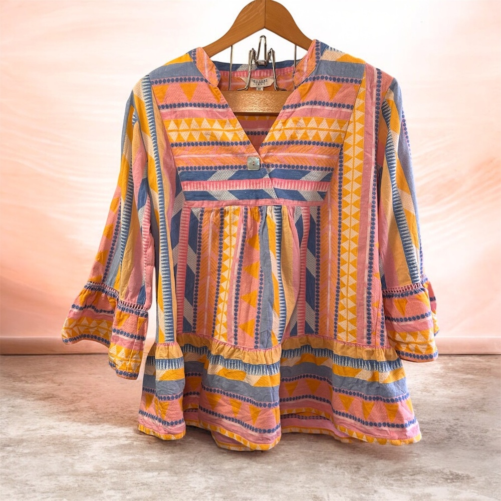 Women's Tru Luxe Jeans 100% Cotton Aztec Boho 3/4 Sleeve Blouse Size M